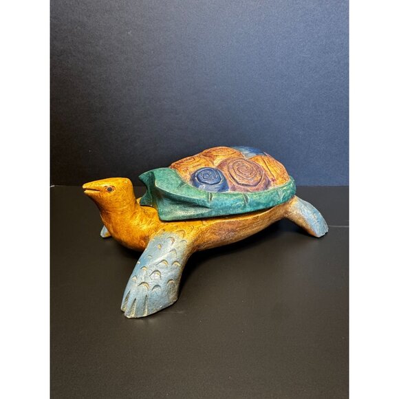 Hand-Carved & Painted Wooden Turtle Trinket Box Sea Ocean Beach Decor - Picture 7 of 16